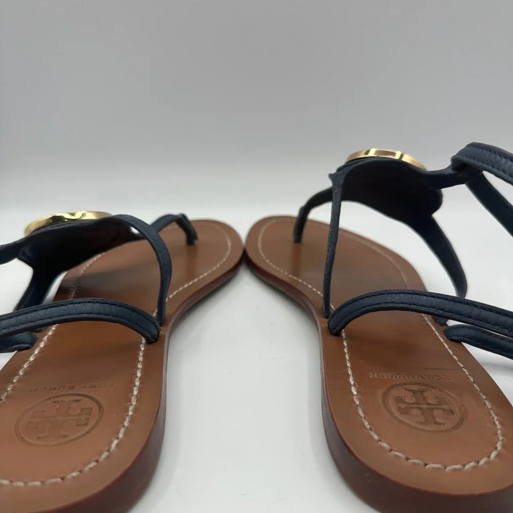 Tory Burch Leticia Strappy Sandal Womens 8.5 Navy Blue Leather Gold Flat Thong